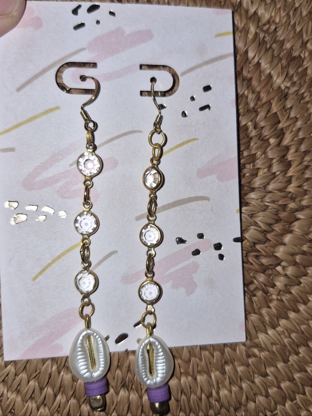 Gold Drop Shell Earrings with White and Purple Accents